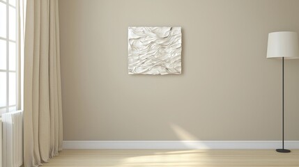Modern art piece on beige wall, bright interior, sunlit room