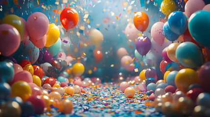Colorful festive celebration with balloons and confetti indoor venue event photography vibrant atmosphere upward perspective joyful moments