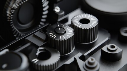 A closeup view of a precisionengineered follow focus system highlighting its gear mechanism and adjustable marking discs positioned next to a set of compatible lens gear rings.