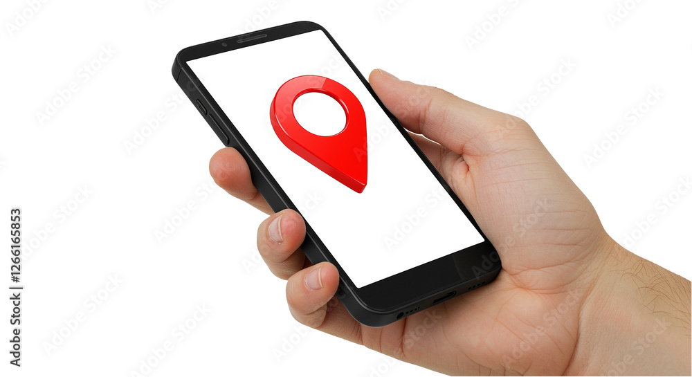Aufkleber smartphone with red location pin on the screen is held in hand. hand holding smartphone with locatio