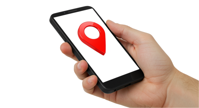 Smartphone with red location pin on the screen is held in hand. Hand holding smartphone with location pin on display