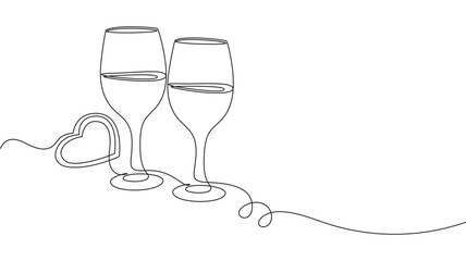 Continuous line drawing of heart and wine glasses on transparent background eps 10