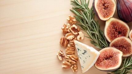 Creamy blue cheese wedge paired with fresh figs, toasted nuts, and rosemary sprigs, styled on a light wooden board for a recipe background