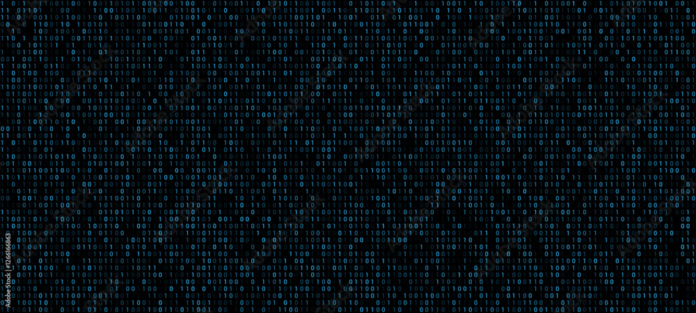 Aufkleber Blue binary code background with numbers on a dark background. severance digital matrix texture. a computer digital screen code vector illustration design.