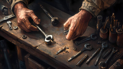 A close-up of hands holding a wrench among various tools, showcasing craftsmanship and the art of repair in a workshop setting. Shadowfire Summoners. Illustration