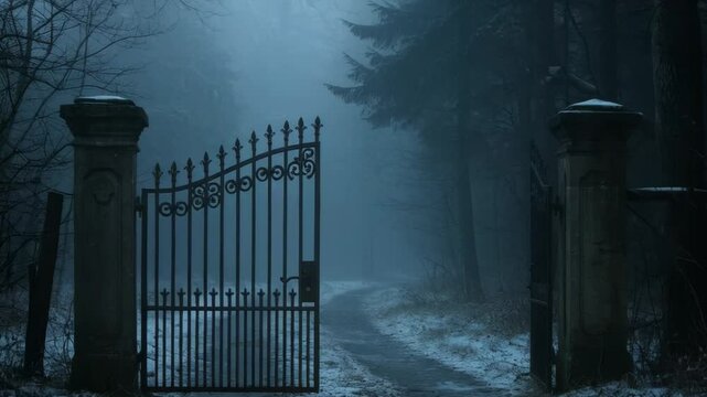 Mysterious gate opening in foggy forest at dusk with eerie atmosphere