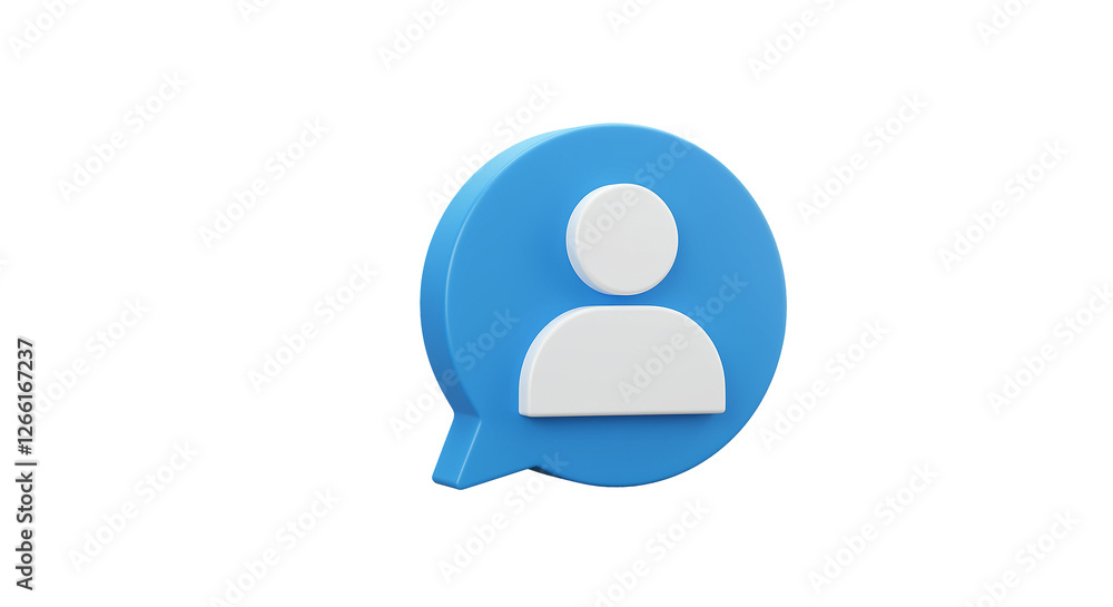 Poster Blue speech bubble with user icon inside. User icon in a speech bubble. 3d rendering of a speech bubble with a user icon
