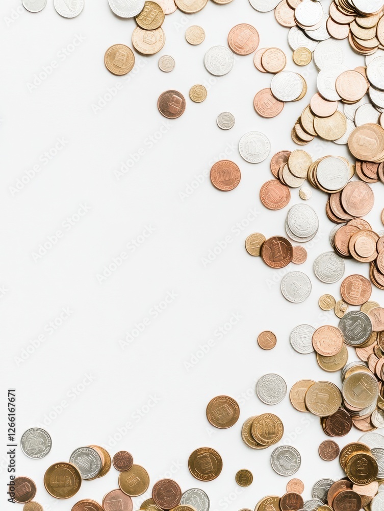 Poster Scattered coins on a white surface showcasing different denominations and currencies during a casual counting session. Generative AI