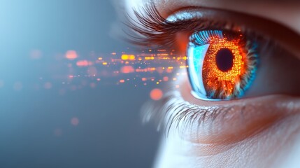 Vibrant Close-Up of Human Eye with Digital Effects and Colorful Light Elements Representing Technology and Vision