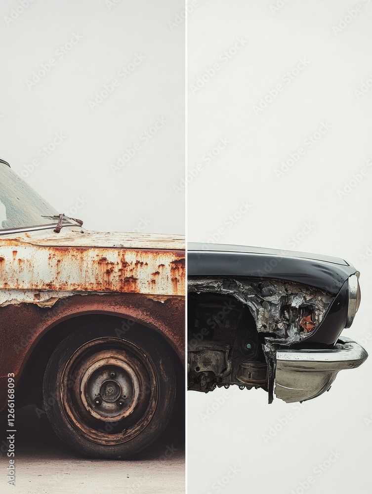 Poster Comparison of a dented rusty car and a flawlessly repaired vehicle showcasing the transformation of auto restoration techniques. Generative AI