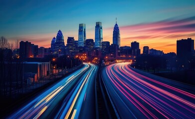 Fototapeta premium Philadelphia Cityscape at Twilight with Light Trails