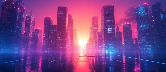 Futuristic city skyline at sunset with glowing buildings and reflective streets