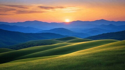 Majestic Sunset over Rolling Hills and Distant Blue Mountains: A Serene Landscape Panorama