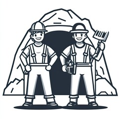 Two Smiling Miners Stand Before a Cave Entrance