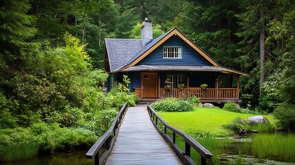 Obraz premium Serene Blue Cabin by the Lake in Lush Forest