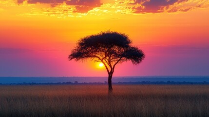 Obraz premium African Savanna Sunset Silhouette Tree Landscape