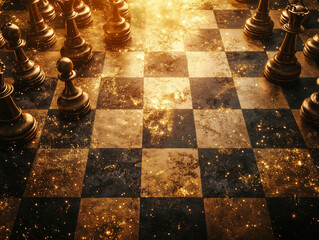 Chess. Different, chess pieces on a shiny black, polished stone background. A game that makes you think. Generative Ai