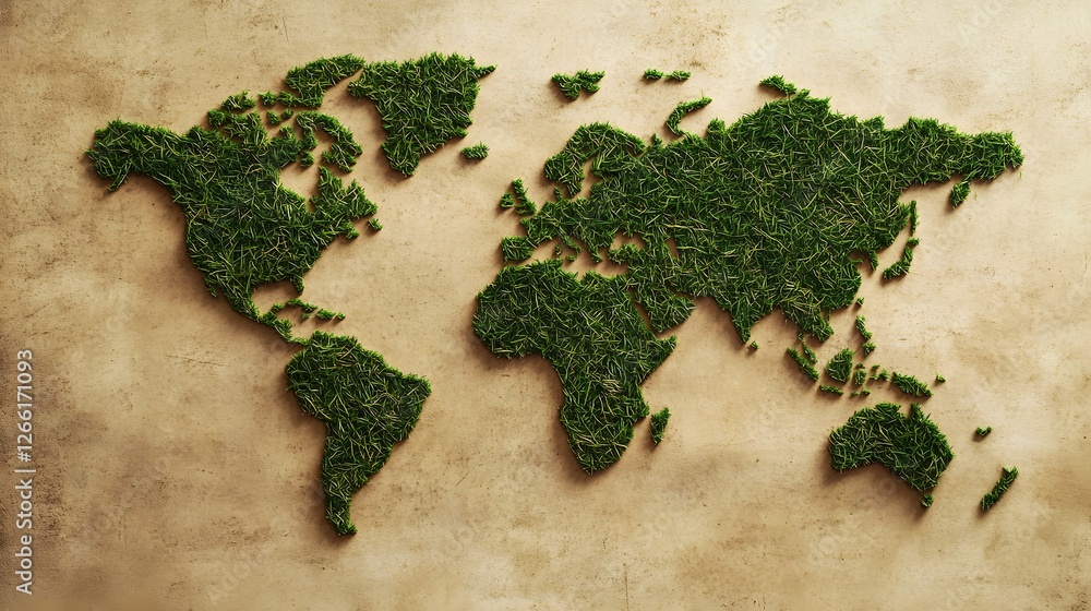 Poster a creative representation of the world map made with grass on a textured background