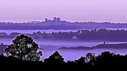Purple dawn over misty valley, distant city skyline