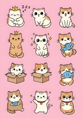 Nine Cute Cartoon Cats in Playful Poses