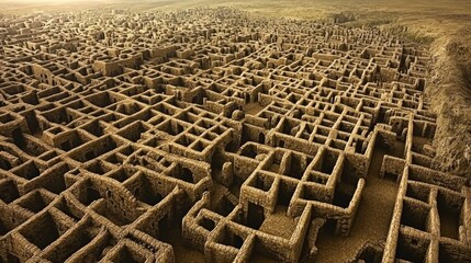 Fototapeta premium Aerial view of ancient mud-brick city ruins, showing intricate grid pattern. Possible use History, archaeology, travel