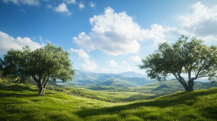 Obraz premium Serene landscape with olive trees on grassy hills, overlooking a picturesque valley and distant mountains