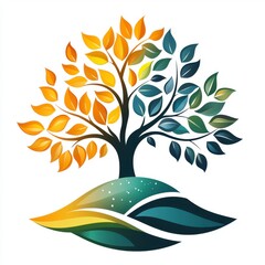 Four Seasons Tree on Hill, Nature Illustration