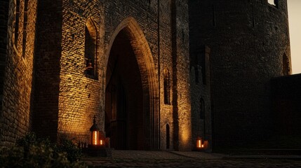 Fototapeta premium Ancient castle gateway lit by lanterns at dusk