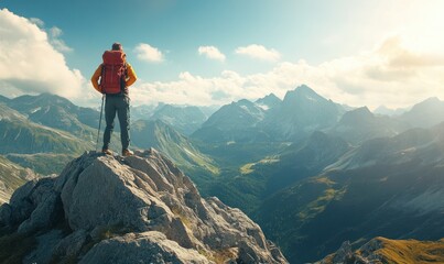 Fototapeta premium A hiker stands on a rocky peak, overlooking a breathtaking mountain landscape.