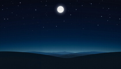 Starry night sky with a full moon over rolling hills