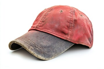 A well worn red and dark baseball cap
