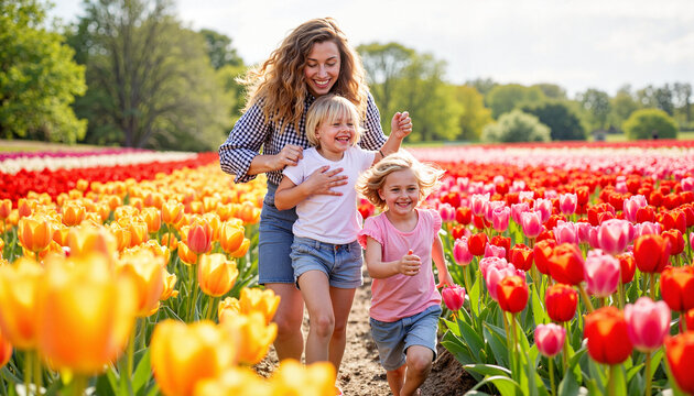 Mother and two daughters running joyfully in a vibrant tulip field