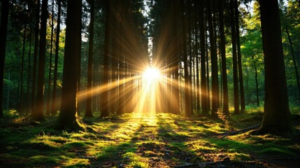 Fototapeta premium Sunlight beams through forest canopy at sunrise