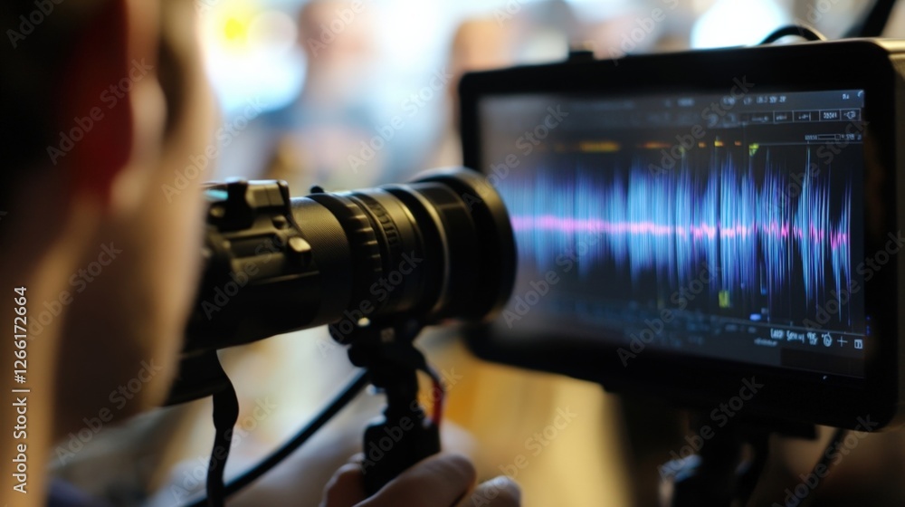 Poster videographer holding a camera and checking audio levels on a monitor during a filming session, ensur