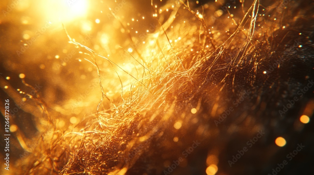 Poster abstract fiery golden strands exploding in a glowing, cosmic background