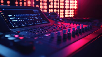 Obraz premium Professional audio mixer with illuminated display and controls. Capturing the essence of music production and sound engineering in a vibrant recording studio setting. Enhanced by colorful led lights