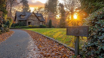 Stone House Autumn Sunset Driveway Leaves