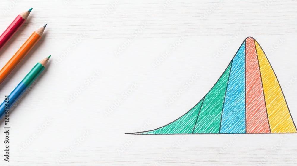 Poster a colorful graph with a bell curve design, accompanied by vibrant colored pencils, illustrating data