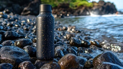 Water bottle on rocks by the sea with waves hitting shore for hydration, health