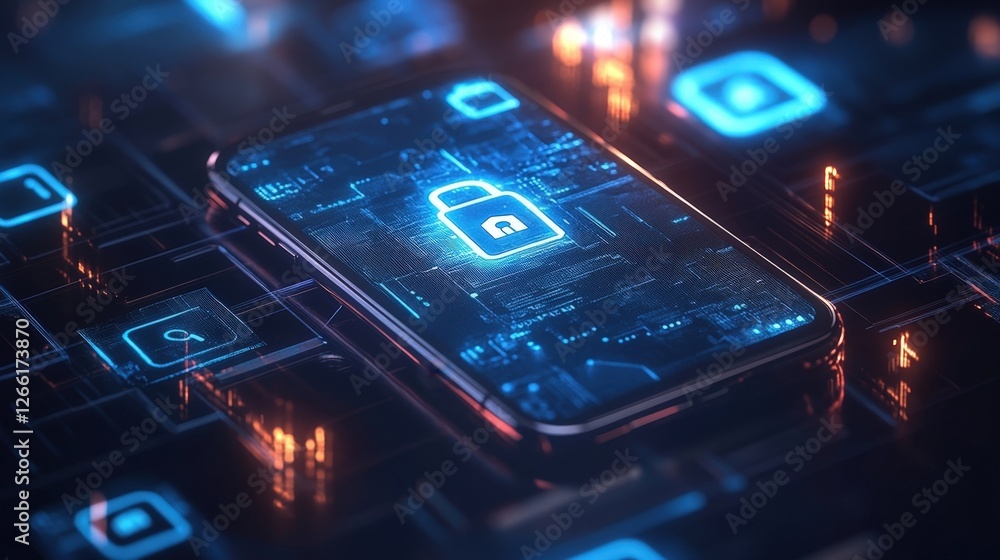 Poster a closeup view of a smartphone surrounded by holographic locks and shield symbols showcasing its def