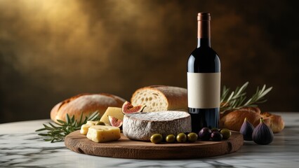 Naklejka premium a bottle of red wine with a cheese platter