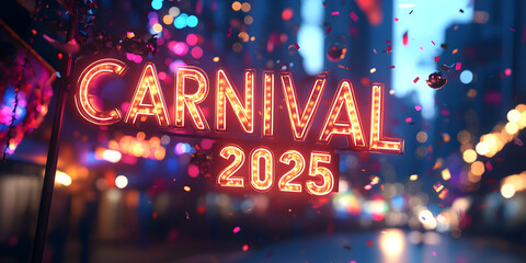 Carnival 2025 neon sign celebrating upcoming festivities in a vibrant city