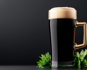 A frothy dark beer served in a glass, garnished with fresh green hops.