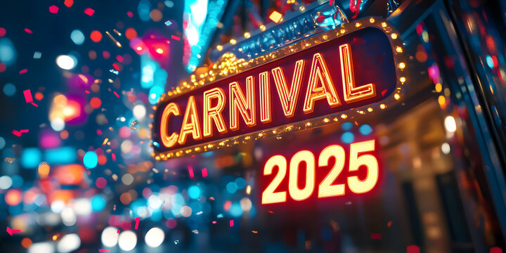 Carnival 2025 neon sign with falling confetti at night