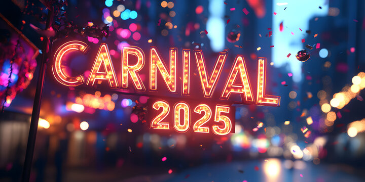 Carnival 2025 neon sign celebrating upcoming festivities in a vibrant city
