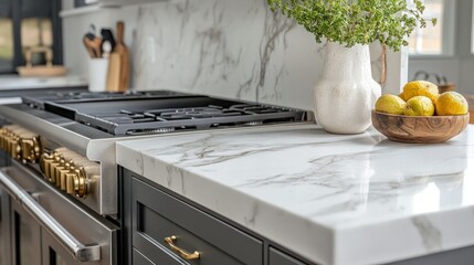 A modern kitchen with marble countertops, a gas range, and a bowl of fresh lemons.