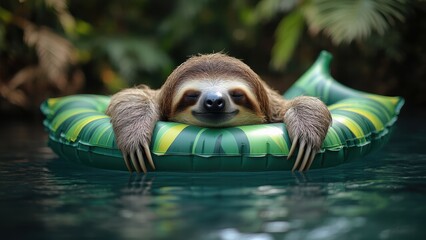 cute sloth enjoying the pool inside an inflatable pool float