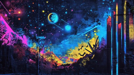Obraz premium Neon cosmic landscape, vibrant night, digital art, fantasy background