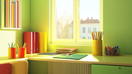 Colorful children's study room with sunlight and city view