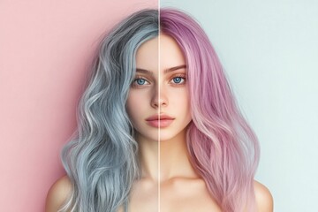 Transforming gray hair to vibrant pink, a stunning side by side comparison of hair color change. Generative AI